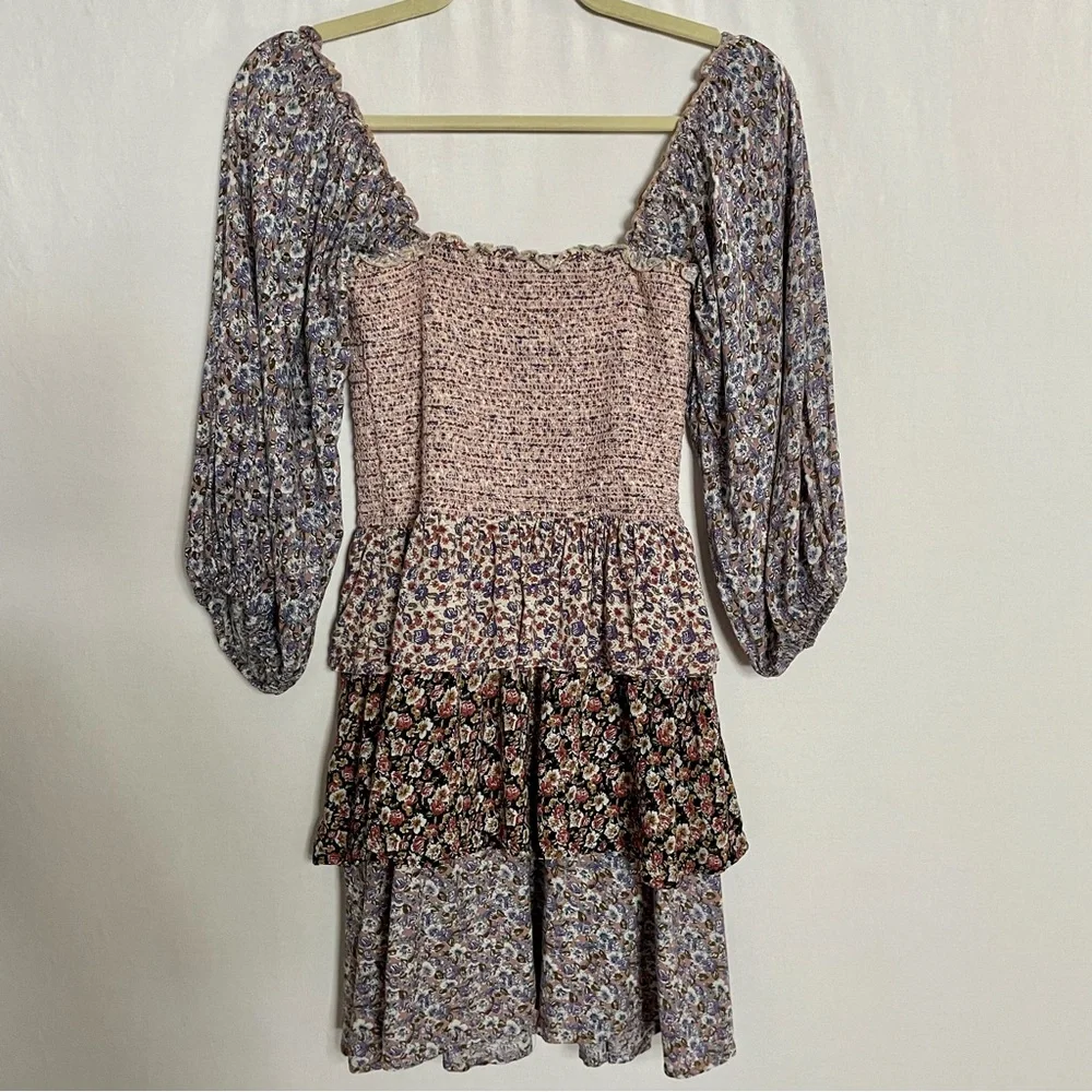 Storia Boho Smocked Chest Mixed Floral Print Tiered Peasant Mini Dress_7